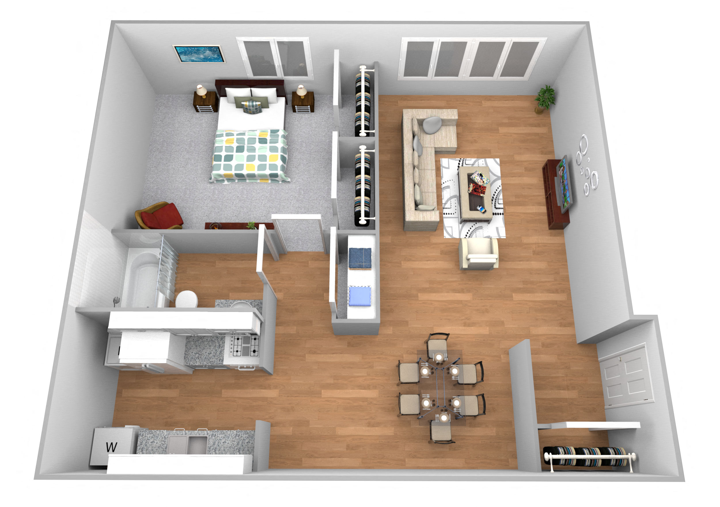 Floor plan for 1 bed, 1 bath, 755 sqft